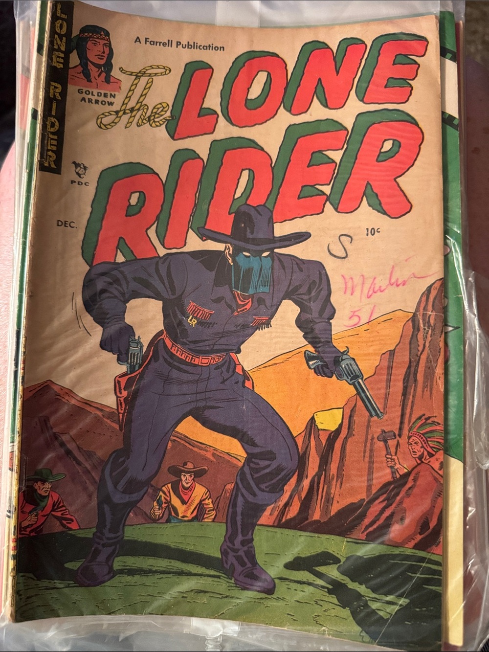 The Lone Rider Vintage Comic Cover - Red & Green Text, Navy Figure